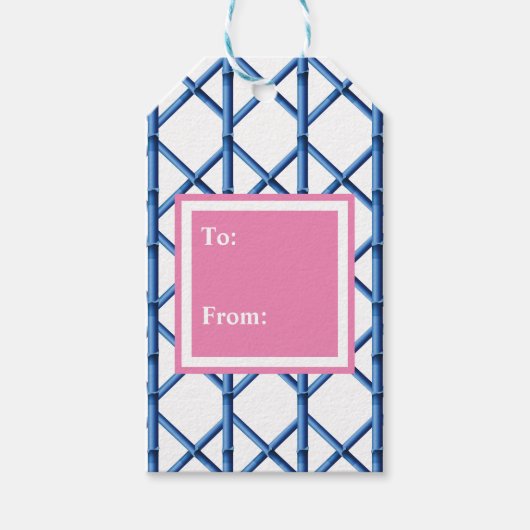 Preppy Blue Trellis Bamboe Patroon Cadeaulabel (Voorkant)