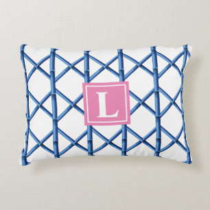 Preppy Blue Trellis Bamboe Patroon Monogram Accent Kussen