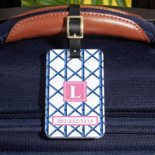 Preppy Blue Trellis Bamboe Patroon Monogram Bagagelabel