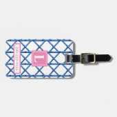 Preppy Blue Trellis Bamboe Patroon Monogram Bagagelabel (Voorkant horizontaal)