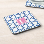 Preppy Blue Trellis Bamboe Patroon Monogram Bier Onderzetter (Linkerzijde)