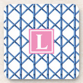 Preppy Blue Trellis Bamboe Patroon Monogram Bier Onderzetter (Voorkant)