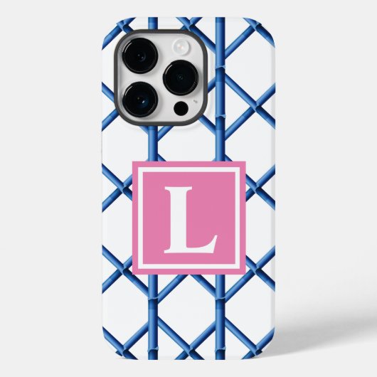 Preppy Blue Trellis Bamboe Patroon Monogram Case-Mate iPhone Case (Achterkant)