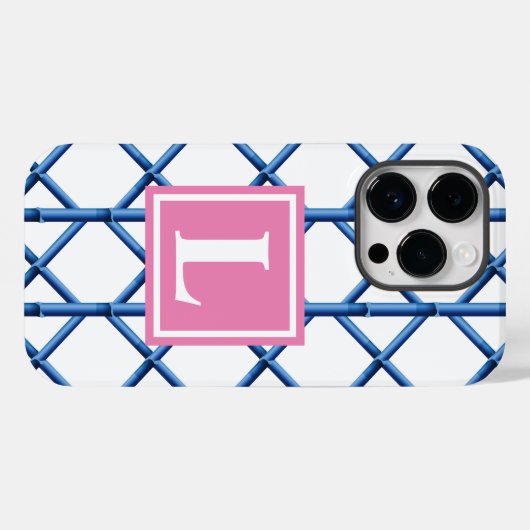 Preppy Blue Trellis Bamboe Patroon Monogram Case-Mate iPhone Case (Achterkant (horizontaal))
