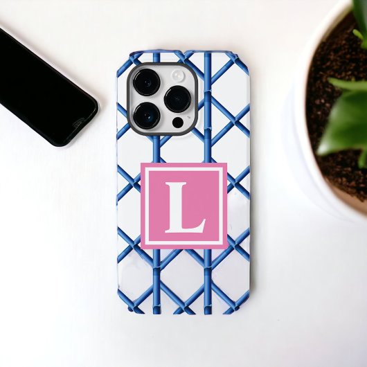 Preppy Blue Trellis Bamboe Patroon Monogram Case-Mate iPhone Case