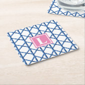 Preppy Blue Trellis Bamboe Patroon Monogram Kartonnen Onderzetters (Schuin)