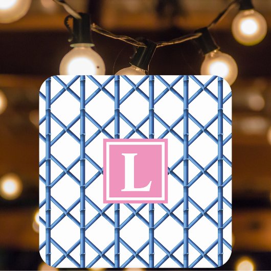 Preppy Blue Trellis Bamboe Patroon Monogram Kartonnen Onderzetters