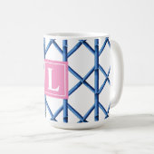 Preppy Blue Trellis Bamboe Patroon Monogram Koffiemok (Voorkant rechts)