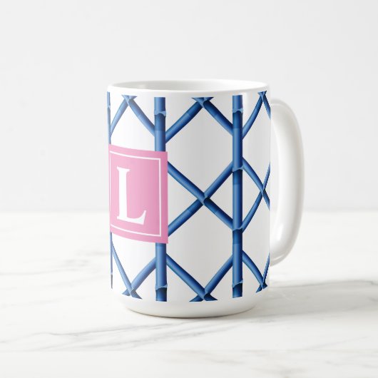 Preppy Blue Trellis Bamboe Patroon Monogram Koffiemok (Voorkant rechts)