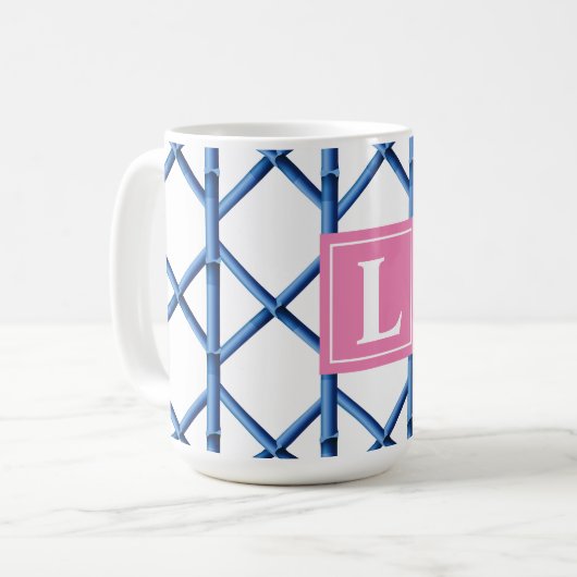 Preppy Blue Trellis Bamboe Patroon Monogram Koffiemok (Voorkant links)