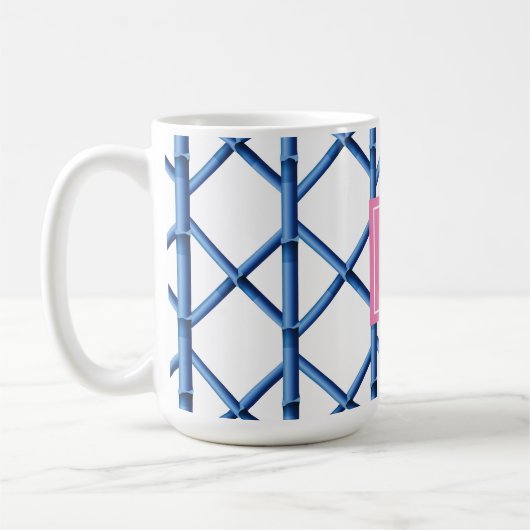 Preppy Blue Trellis Bamboe Patroon Monogram Koffiemok (Links)