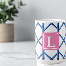 Preppy Blue Trellis Bamboe Patroon Monogram Koffiemok