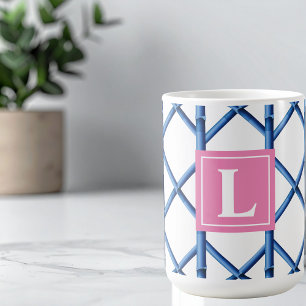 Preppy Blue Trellis Bamboe Patroon Monogram Koffiemok