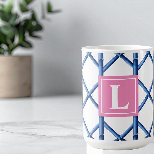 Preppy Blue Trellis Bamboe Patroon Monogram Koffiemok