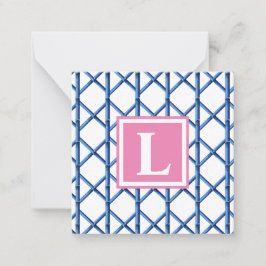 Preppy Blue Trellis Bamboe Patroon Monogram Notitiekaartje