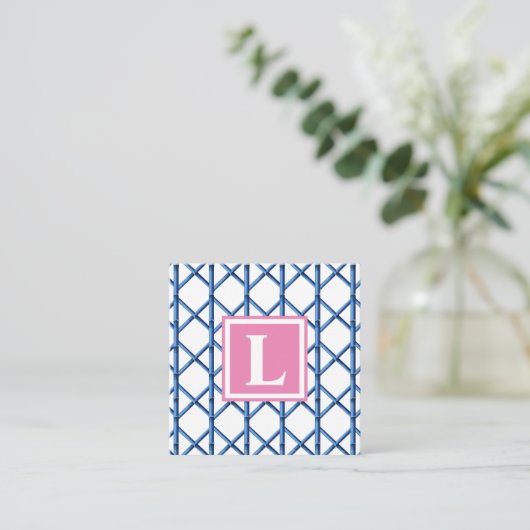 Preppy Blue Trellis Bamboe Patroon Monogram Notitiekaartje (Staand voorkant)
