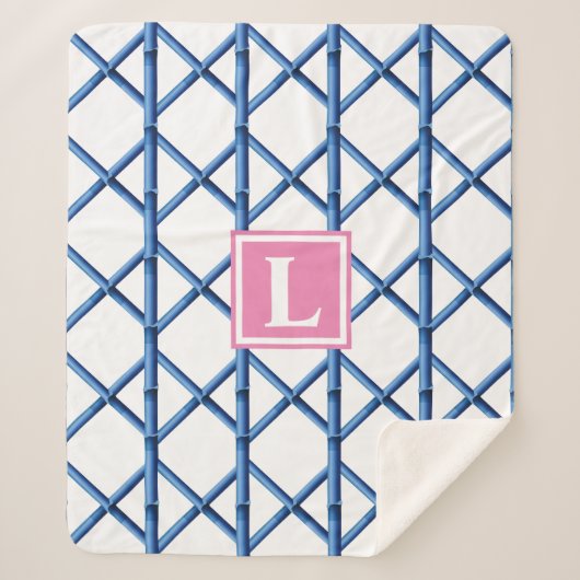 Preppy Blue Trellis Bamboe Patroon Monogram Sherpa Deken (Voorkant)