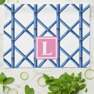 Preppy Blue Trellis Bamboe Patroon Monogram Theedoek