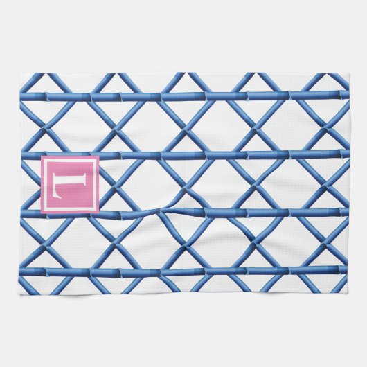Preppy Blue Trellis Bamboe Patroon Monogram Theedoek (Horizontaal)