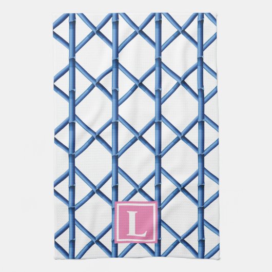 Preppy Blue Trellis Bamboe Patroon Monogram Theedoek (Verticaal)