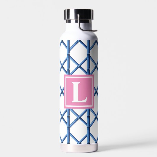 Preppy Blue Trellis Bamboe Patroon Monogram Waterfles (Links)