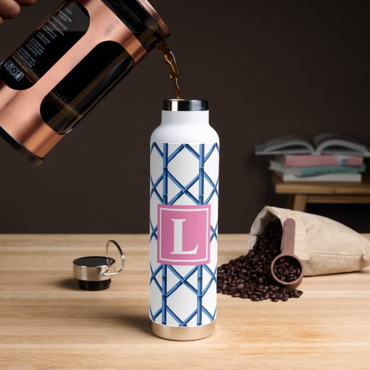 Preppy Blue Trellis Bamboe Patroon Monogram Waterfles (Koffie)