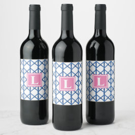 Preppy Blue Trellis Bamboe Patroon Monogram Wijn Etiket
