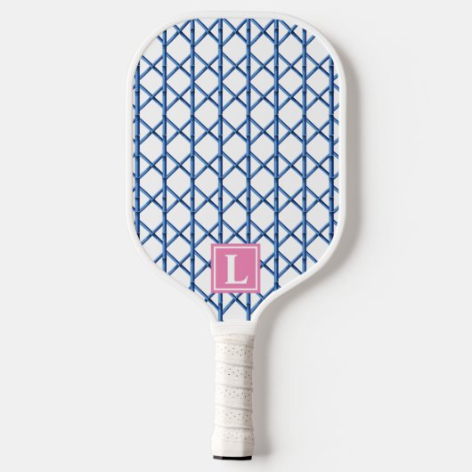 Preppy Blue Trellis Bamboo Small Pattern Monogram Pickleball Paddle (Achterkant)