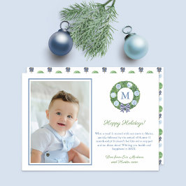 Preppy Blue White Boxwood WreatMonogram Foto Feestdagenkaart