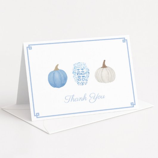 Preppy Blue White Chinoiserie Pumpkins Baby shower Bedankkaart
