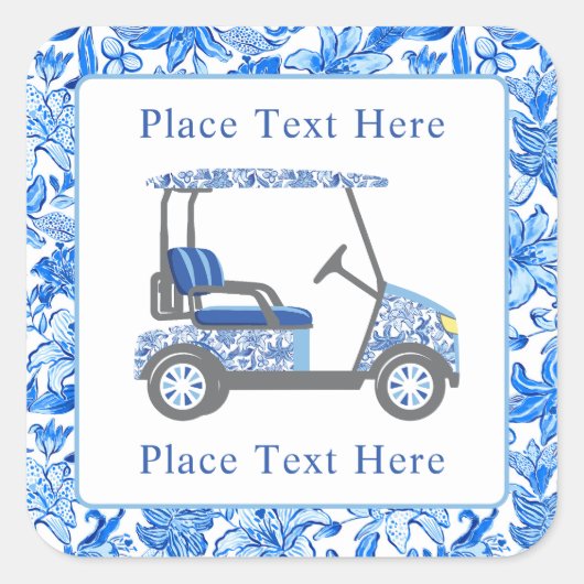 Preppy Blue & White Flowers Golf Cart Vierkante Sticker (Voorkant)