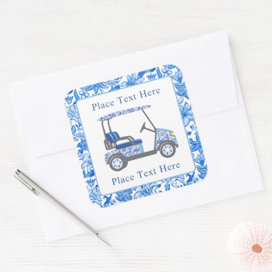 Preppy Blue & White Flowers Golf Cart Vierkante Sticker (Envelop)