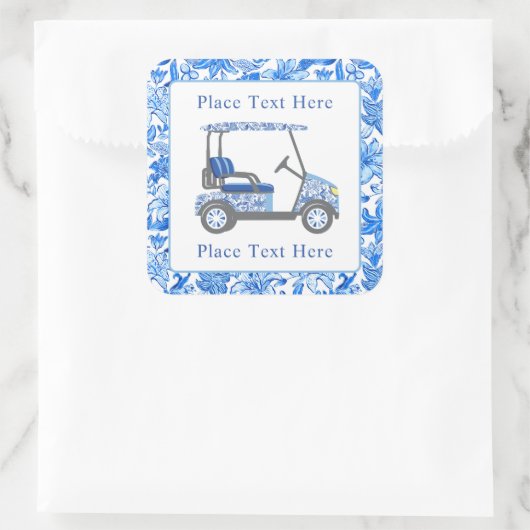 Preppy Blue & White Flowers Golf Cart Vierkante Sticker (Tas)