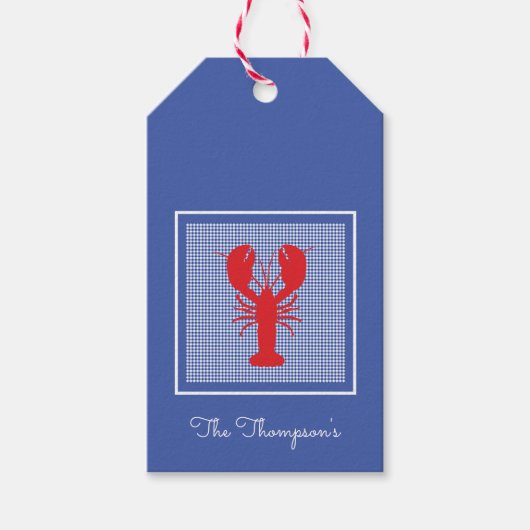 Preppy Blue White Gingham Red Lobster Designer Cadeaulabel (Voorkant)