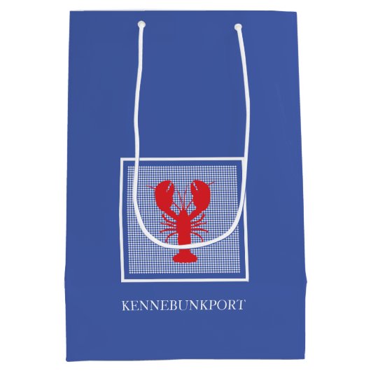 Preppy Blue White Gingham Red Lobster Kuststad Medium Cadeauzakje (Achterkant)
