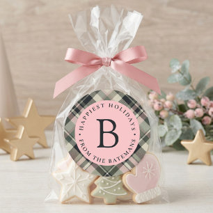 Preppy Blush Roze Geruite Monogram Kerst Vakantie Ronde Sticker
