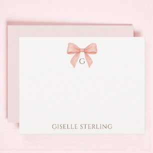 Preppy Blush Roze Strik Watercolor Monogram Notitiekaartje