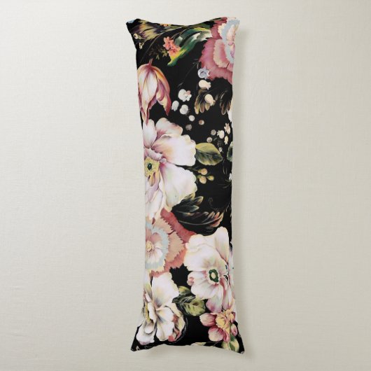 Preppy bohemian country girale zwarte florale lichaamskussen (Voorkant Verticaal)