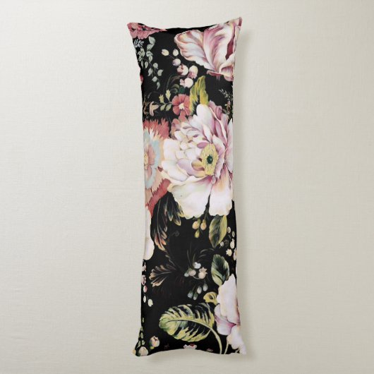 Preppy bohemian country girale zwarte florale lichaamskussen (Achterkant (Verticaal))