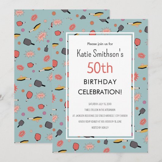 Preppy Bold Blauw Pickleball Party 50e Verjaardag Kaart (Voorkant / Achterkant)