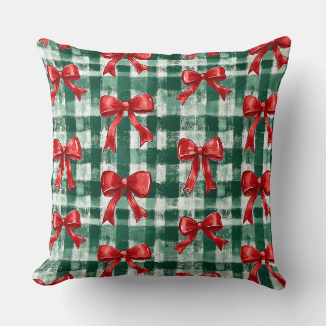 Preppy Boog Groene Geruite Kerstmis Kussen (Voorkant)