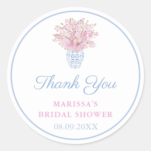 Preppy Bord Blauw Blush Chinoiserie Trouwdouche Ronde Sticker (Voorkant)