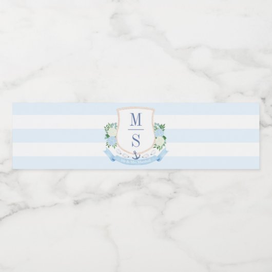 Preppy Bord Blauw Kustmonogram Bruiloft Douche Waterfles Etiket (Enkel label)