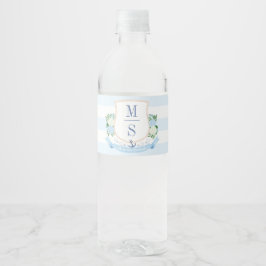 Preppy Bord Blauw Kustmonogram Bruiloft Douche Waterfles Etiket