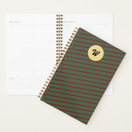 Preppy bosgroen en bordeauxrode strepen monogram planner (Display)