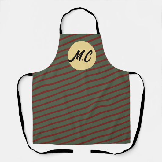 Preppy bosgroen en bordeauxrode strepen monogram schort (Voorkant)