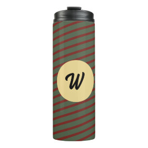 Preppy bosgroen en bordeauxrode strepen monogram thermosbeker