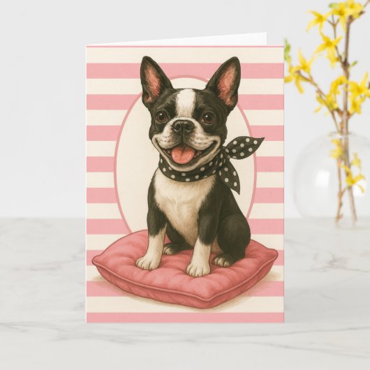 Preppy Boston Terrier Kaart (Gele Bloem)