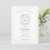Preppy Botanical Green Bow Monogram Baby Shower   Kaart (Staand voorkant)