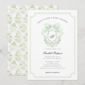 Preppy Botanical Green Bow Monogram Baby Shower   Kaart (Voorkant / Achterkant)